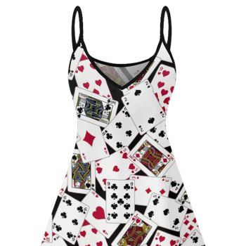 Allover Playing Cards Pattern Casual Dress Spaghetti Strap V Neck A Line Mini Vacation Tank Dress
