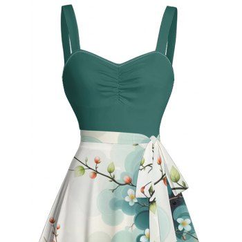 Magnolia Floral Branches Pattern Ombre Vacation Dress Ruched Bust Sweetheart Neck Belt A Line Mini Casual Dress