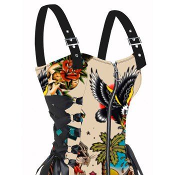 Beach Landscape Skeleton Eagle Pattern Gothic Dress Lace Up Half Zipper Buckle Strap A Line Mini Vacation Dress
