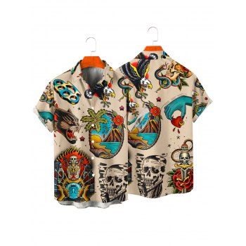 Gothic Couple Outfit Beach Landscape Skeleton Eagle Pattern Lace Up Half Zipper Buckle Strap A Line Mini Dress and Roll Up Sleeve Shirt Vacation Matching Outfit