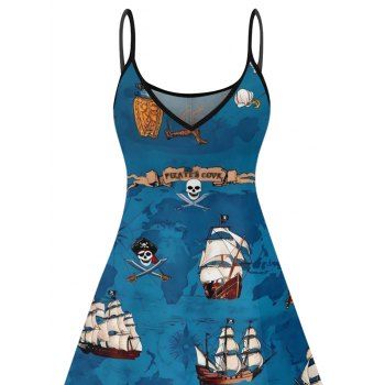 Sailing Pirates Steer Ocean Pattern Beach Dress Spaghetti Strap V Neck A Line Mini Vacation Tank Dress