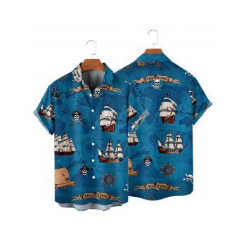 Beach Couple Outfit Sailing Pirates Steer Ocean Pattern Spaghetti Strap V Neck A Line Mini Tank Dress and Roll Up Sleeve Shirt Vacation Matching Outfit