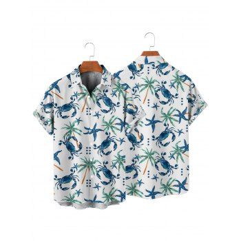 Beach Couple Outfit Crab Coconut Tree Starfish Pattern Ruched Bust Sweetheart Neck Belt A Line Mini Dress and Roll Up Sleeve Shirt Vacation Matching Outfit