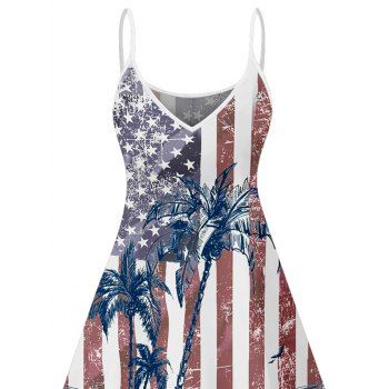 American Flag Star Striped Coconut Tree Pattern Independence Day Dress Spaghetti Strap V Neck A Line Mini Patriotic Tank Dress