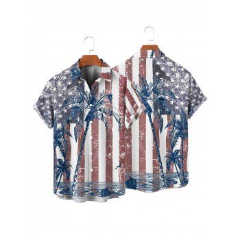 Independence Day Couple Outfit American Flag Star Striped Coconut Tree Pattern Spaghetti Strap A Line Mini Tank Dress Roll Up Sleeve Shirt Patriotic Matching Outfit