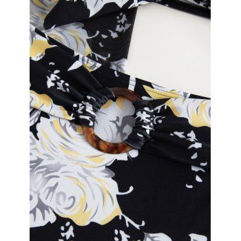 Tropical Leaf Print Bowknot O Ring Decor Bikini Sets Cover Up Swimsuits 3 Piece Swimwear