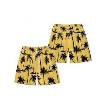 Vacation Style Palm Tree Printed Strapless Dress with Mens Short Sleeve Shirt and Mens Beach Pants Three Piece Set