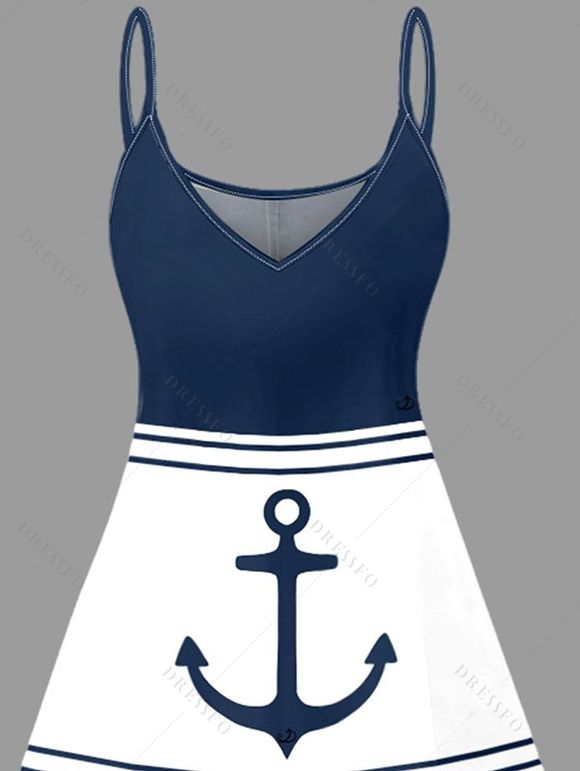 Mini Robe Ligne A à Bretelle Fine Décontractée Rayée Ancre en Couleur Contrastée à Col V - Bleu de Minuit XL | US 12