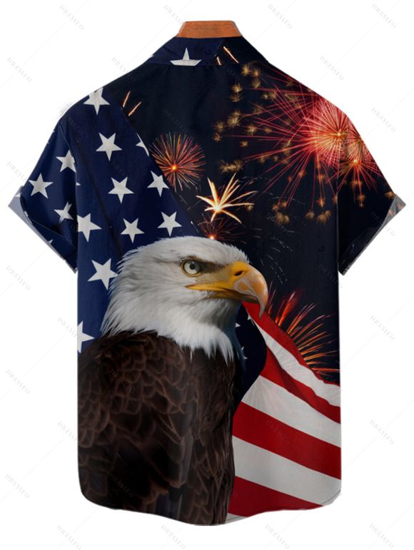 Chemise Boutonnée Drapeau Américain Aigle et Feu D'Artifice Rayé à Manches Courtes pour Homme - Noir XL