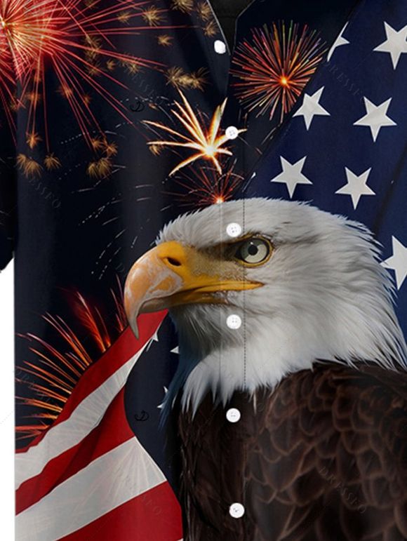 Chemise Boutonnée Drapeau Américain Aigle et Feu D'Artifice Rayé à Manches Courtes pour Homme - Noir XL