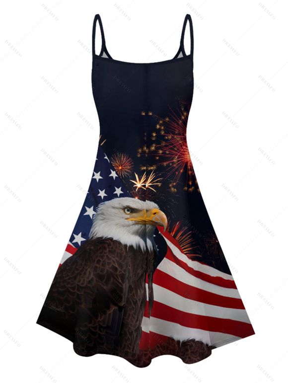 Mini Robe Ligne A à Bretelle Fine Drapeau Américain Aigle Imprimé à Col V - Noir XL | US 12