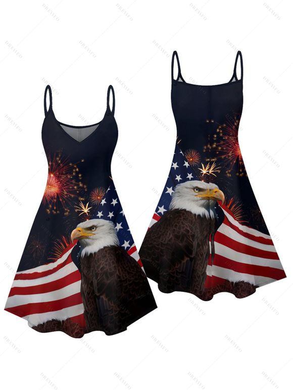 Mini Robe Ligne A à Bretelle Fine Drapeau Américain Aigle Imprimé à Col V - Noir XL | US 12