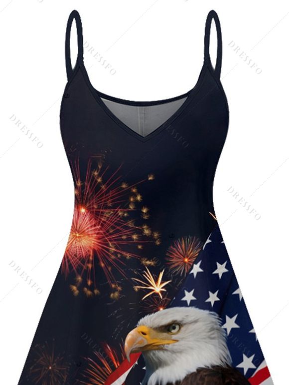 Mini Robe Ligne A à Bretelle Fine Drapeau Américain Aigle Imprimé à Col V - Noir XL | US 12