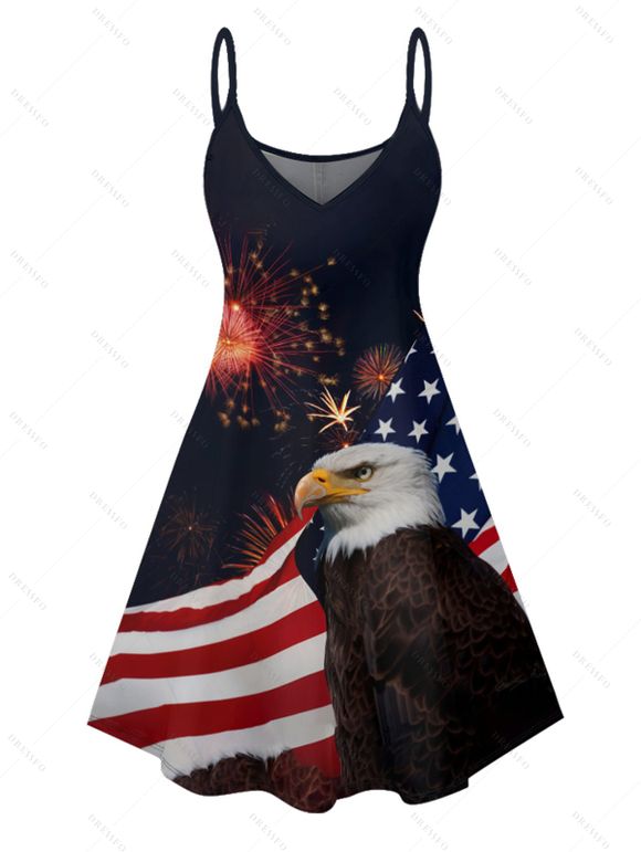 Independence Day Couple Outfit American Flag Star Striped Eagle Firework Pattern Spaghetti Strap V Neck A Line Mini Tank Dress and Roll Up Sleeve Shirt Patriotic Matching Outfit - Noir S | US 4