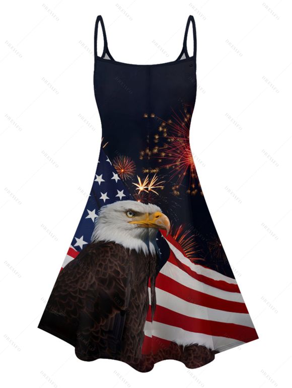 Independence Day Couple Outfit American Flag Star Striped Eagle Firework Pattern Spaghetti Strap V Neck A Line Mini Tank Dress and Roll Up Sleeve Shirt Patriotic Matching Outfit - Noir S | US 4