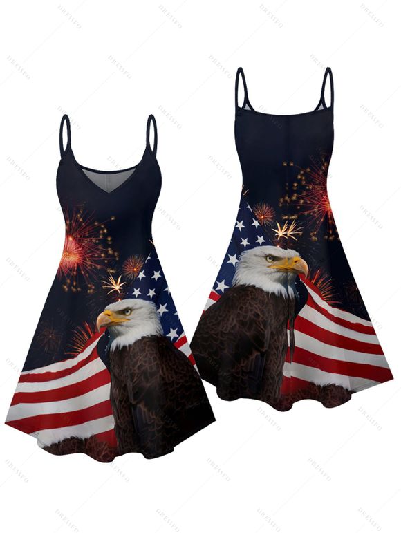 Independence Day Couple Outfit American Flag Star Striped Eagle Firework Pattern Spaghetti Strap V Neck A Line Mini Tank Dress and Roll Up Sleeve Shirt Patriotic Matching Outfit - Noir S | US 4