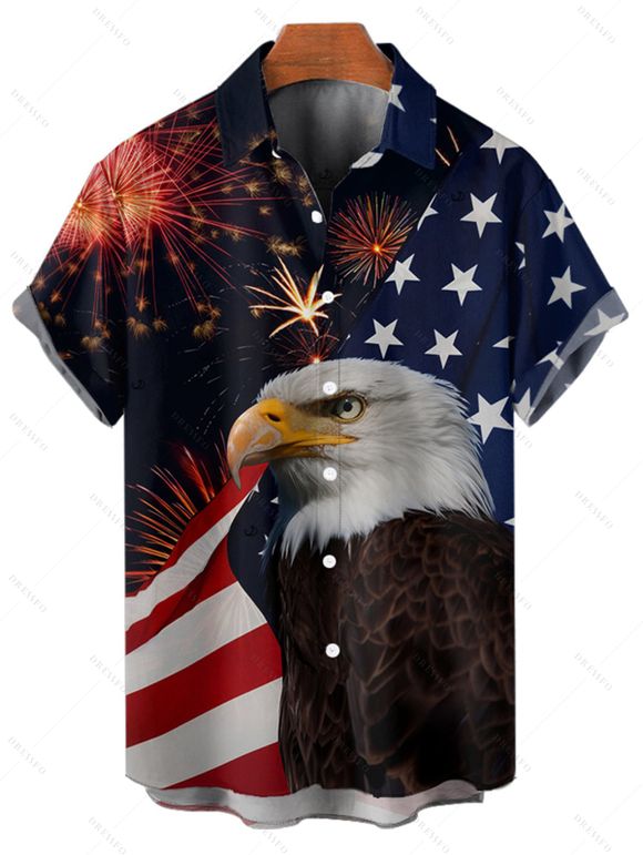 Independence Day Couple Outfit American Flag Star Striped Eagle Firework Pattern Spaghetti Strap V Neck A Line Mini Tank Dress and Roll Up Sleeve Shirt Patriotic Matching Outfit - Noir S | US 4