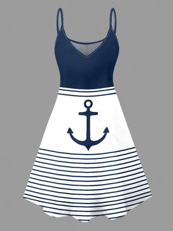 Beach Couple Outfit Striped Anchor Contrast Color Pattern Spaghetti Strap V Neck A Line Mini Tank Dress and Roll Up Sleeve Shirt Casual Matching Outfit - Bleu de Minuit S | US 4
