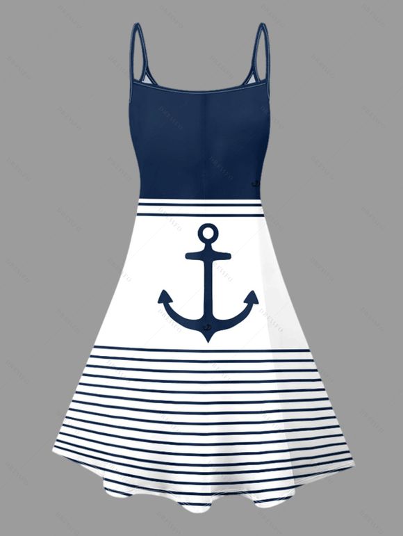 Beach Couple Outfit Striped Anchor Contrast Color Pattern Spaghetti Strap V Neck A Line Mini Tank Dress and Roll Up Sleeve Shirt Casual Matching Outfit - Bleu de Minuit S | US 4