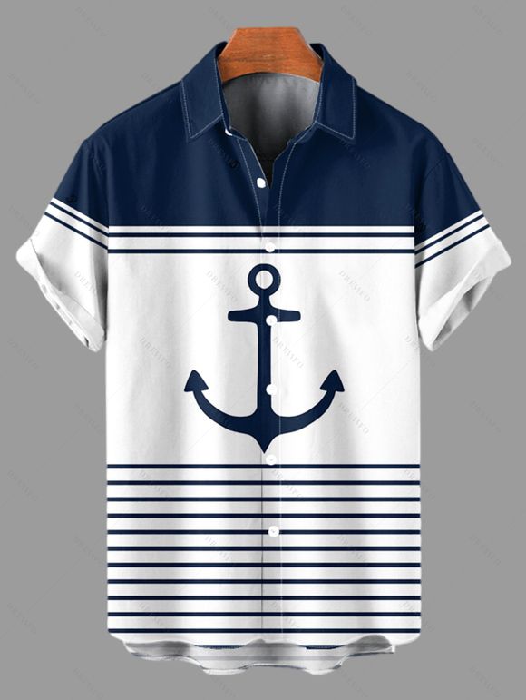 Beach Couple Outfit Striped Anchor Contrast Color Pattern Spaghetti Strap V Neck A Line Mini Tank Dress and Roll Up Sleeve Shirt Casual Matching Outfit - Bleu de Minuit S | US 4