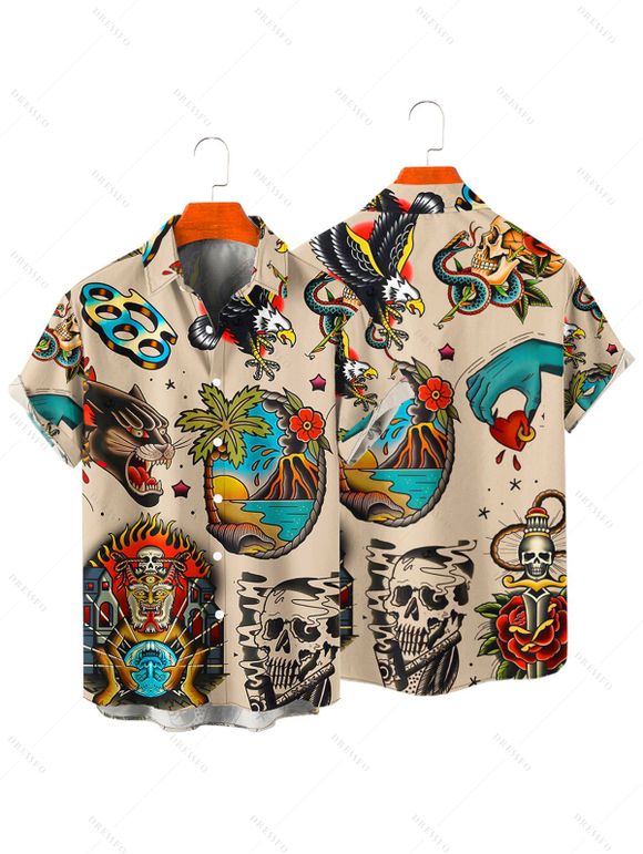 Chemise de Plage Gothique en Forme de Squelette D'Aigle Boutonnée à Manches Courtes pour Homme - café lumière XL