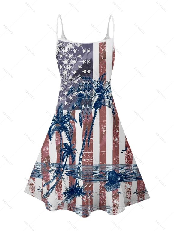 Mini Robe Ligne A à Bretelle Fine Motif de Drapeau Américain et de Noix de Coco - Blanc XXL | US 14