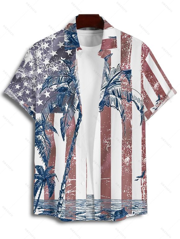 Chemise Boutonnée Drapeau Américain Imprimé à Manches Courtes - Blanc L