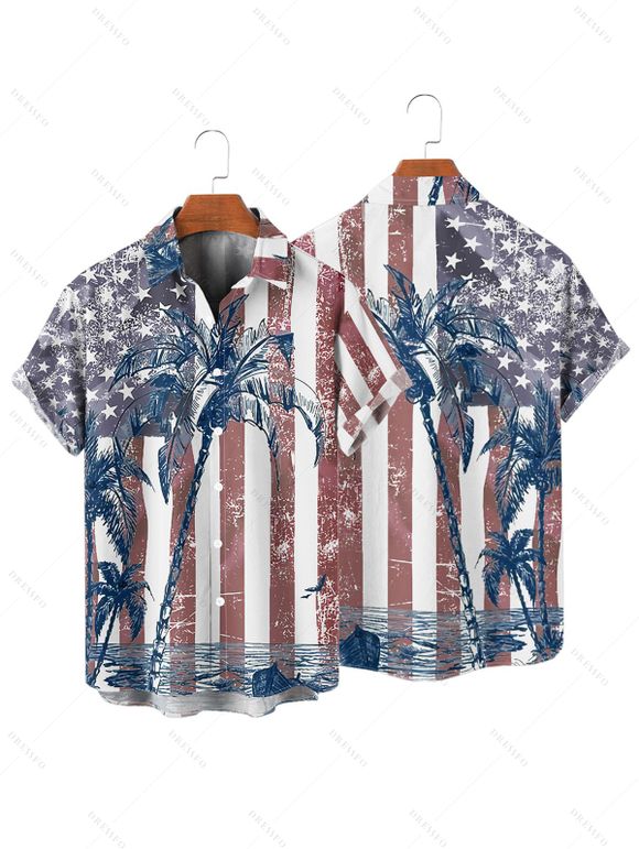 Independence Day Couple Outfit American Flag Star Striped Coconut Tree Pattern Spaghetti Strap A Line Mini Tank Dress Roll Up Sleeve Shirt Patriotic Matching Outfit - Blanc S | US 4
