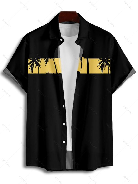 Chemise de Vacances Boutonnée Palmier Imprimé à Manches Courtes - Jaune L