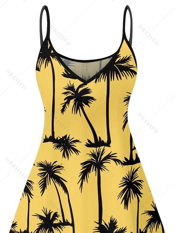 Mini Robe Hawaïen Ligne A Palmier Imprimé à Bretelle Fine - Jaune XL | US 12