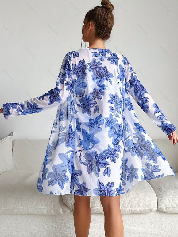 Ensemble de Bikini Feuille Tropicale Imprimé Noué 3 Pièces - Bleu M