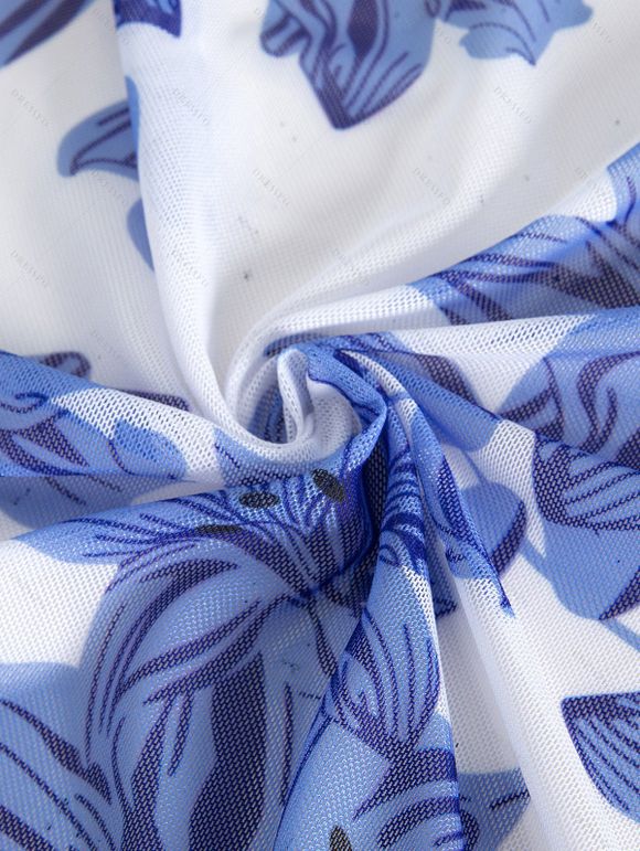 Ensemble de Bikini Feuille Tropicale Imprimé Noué 3 Pièces - Bleu M