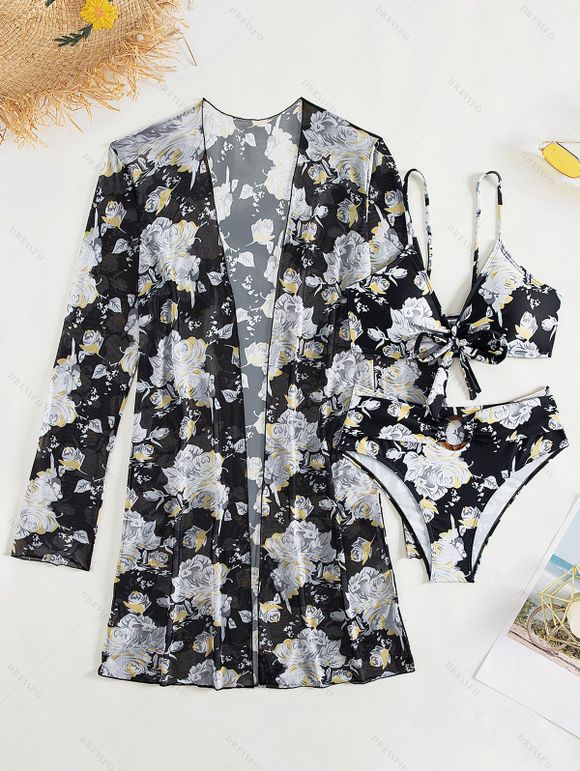 Ensemble de Bikini Feuille Tropicale Imprimé Noué 3 Pièces - Noir M