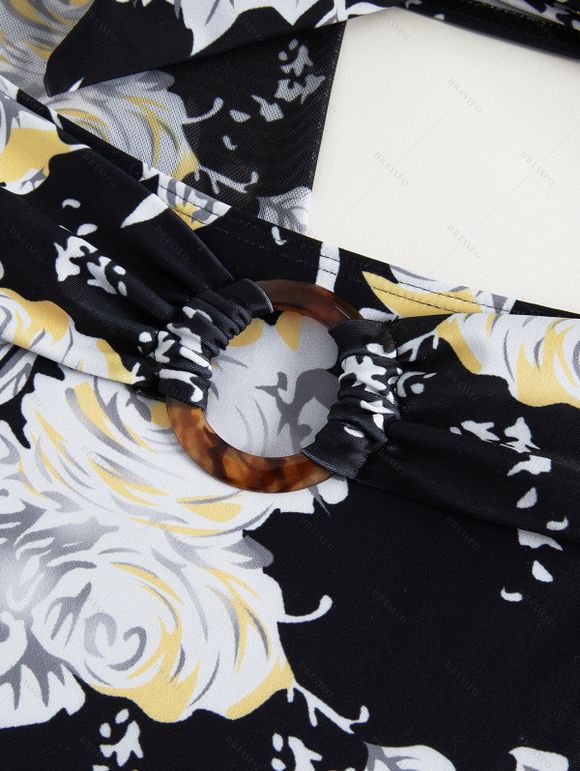 Ensemble de Bikini Feuille Tropicale Imprimé Noué 3 Pièces - Noir M