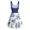 Beach Couple Outfit Sailing Anchor Starfish Skulls Ocean Elements Pattern Ruched Bust Sweetheart Neck Belt A Line Mini Dress and Roll Up Sleeve Shirt Vacation Matching Outfit - Bleu profond S | US 4