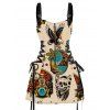 Gothic Couple Outfit Beach Landscape Skeleton Eagle Pattern Lace Up Half Zipper Buckle Strap A Line Mini Dress and Roll Up Sleeve Shirt Vacation Matching Outfit - Beige S | US 4