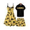 Vacation Style Palm Tree Printed Strapless Dress with Mens Short Sleeve Shirt and Mens Beach Pants Three Piece Set - Jaune S | US 4