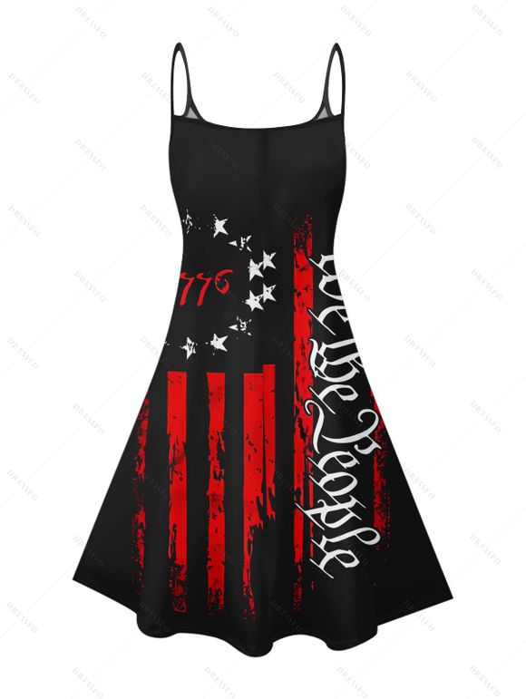 Independence Day Couple Outfit American Flag Letter Pattern Spaghetti Strap A Line Tank Dress and Roll Up Sleeve Shirt Patriotic Matching Outfit - Noir S | US 4