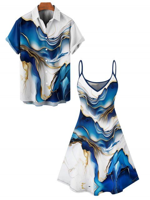 Vacation Couple Outfit Abstract Art Style Pattern Spaghetti Strap V Neck A Line Mini Tank Dress and Roll Up Sleeve Shirt Casual Matching Outfit