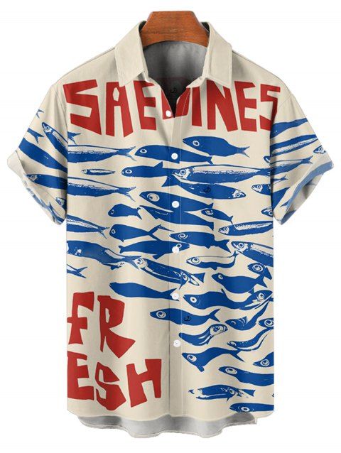 Chemise de Vacances Vintage Motif de Poisson Boutonnée à Manches Courtes
