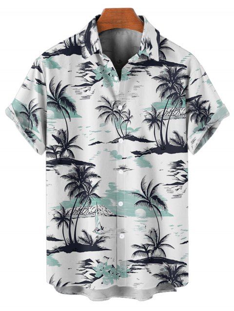 Chemise de Plage Boutonnée Arbre de Noix de Coco Imprimé à Manches Courtes pour Homme