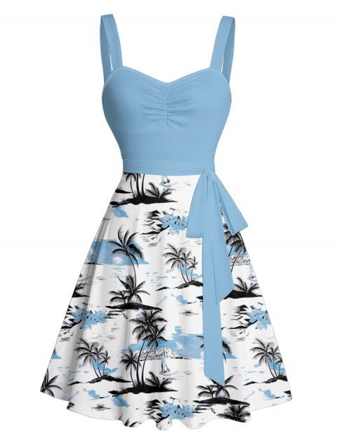 Mini Robe de Plage Ligne A en Blocs de Couleurs Arbre de Noix de Coco Imprimé à Volants