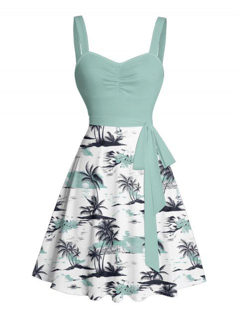 Mini Robe de Plage Ligne A en Blocs de Couleurs Arbre de Noix de Coco Imprimé à Volants