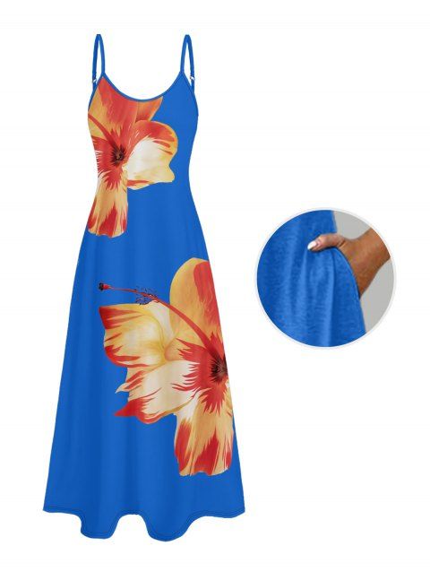 Robe de Plage Longue Ligne A Motif Tropical à Bretelle Fine avec Poche