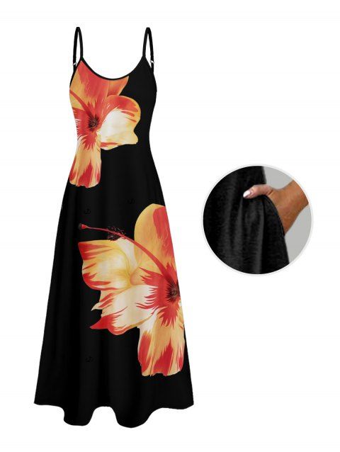 Robe de Plage Longue Ligne A Motif Tropical à Bretelle Fine avec Poche