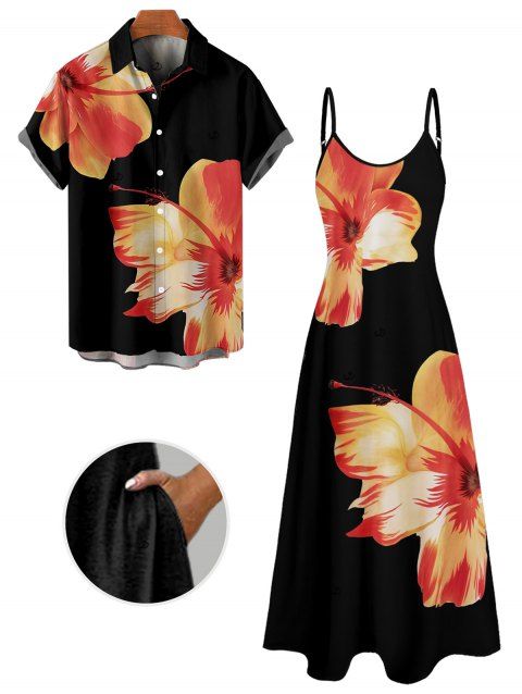 Vacation Couple Outfit Tropical Floral Pattern Spaghetti Strap Pocket A Line Dress and Roll Up Sleeve Shirt Matching Outfit