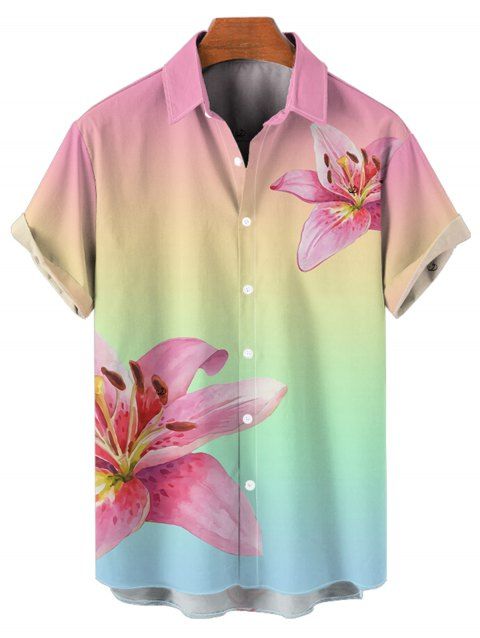 Chemise de Vacances Décontractée Motif de Fleur Ombrée Boutonnée à Manches Courtes