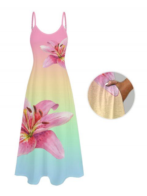 Robe Longue Ligne A Ombrée Motif de Fleur avec Poche à Bretelle Fine