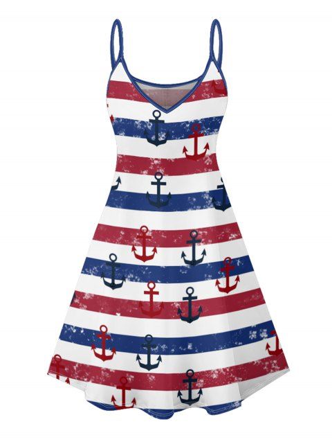 Striped Anchor Pattern Vacation Dress Spaghetti Strap V Neck A Line Mini Tank Dress