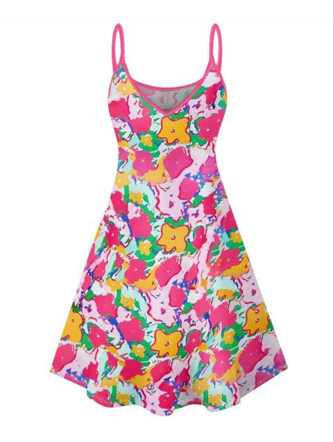 Mini Robe Ligne A Fleurie Colorée Imprimée à Bretelle Fine